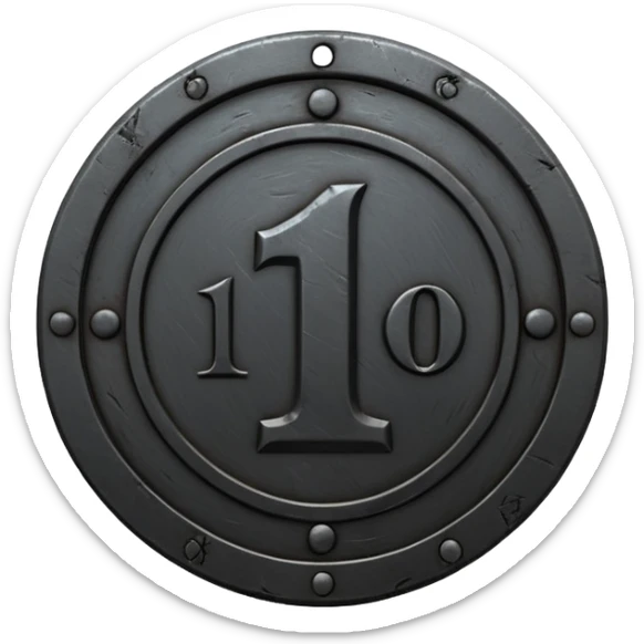 Minimal emoji, gothic metal coin made of black steel, engraved number 1 at the center, ancient industrial aesthetic, worn metal texture, no glow, no neon, flat emoji design, centered, transparent background sticker
