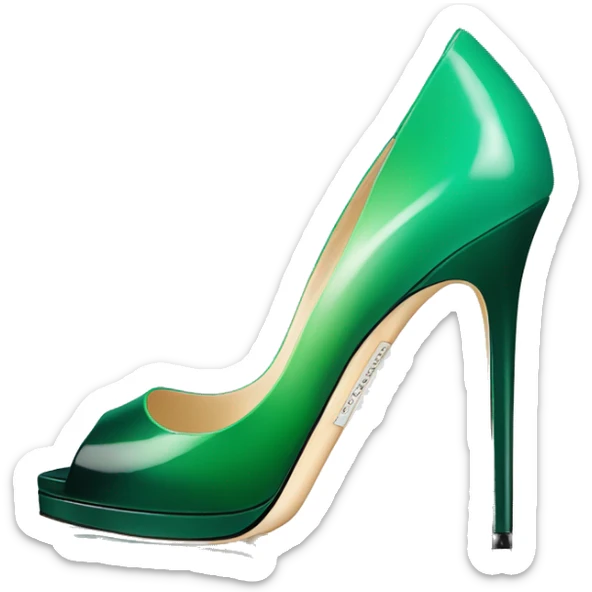 Realistic isolated top view of a pair of emerald green to mint green ombre Jimmy Choo peep toe stiletto high heel shoes.  sticker