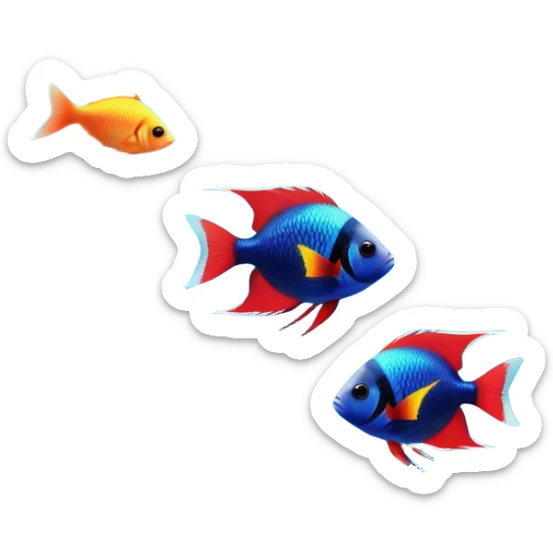 Colorful aquarium fish swimming gracefully in a crystal-clear tank. Brightly colored fish, like neon tetras, angelfish, and bettas, glide past vibrant coral, plants, and rocks. Soft light filters through the water, creating a peaceful, serene atmosphere. Transparent background. sticker