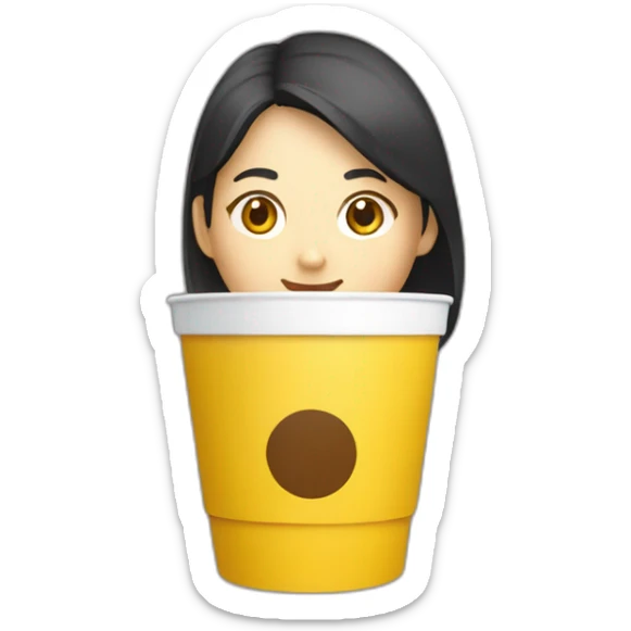 singaporean woman product manager with coffee in a yellow takeaway cup sticker