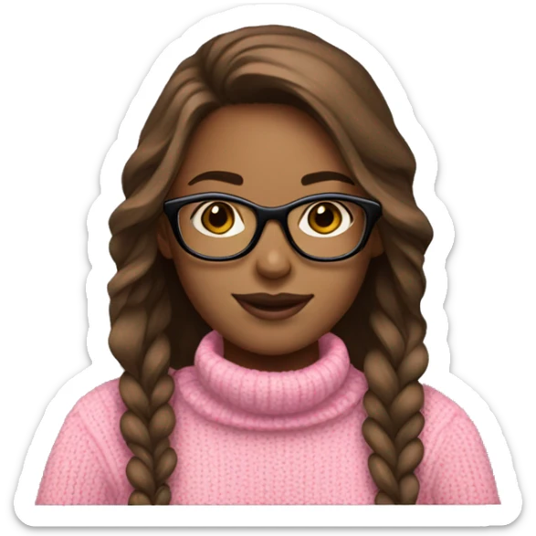 Girl with brown hair and black glasses frame and pink sweater is working behind laptop sticker