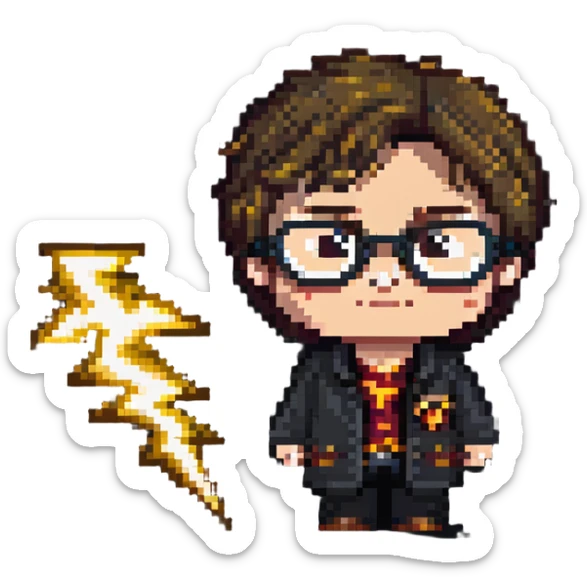 Harry Potter character with glasses and lightning bolt scar in pixel art style sticker
