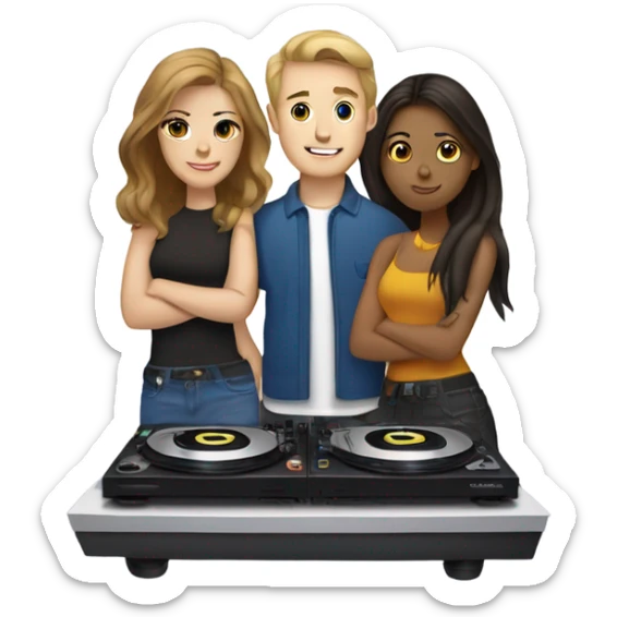 3 people: a white girl, a brown girl, and a white guy behind DJ turntables together sticker