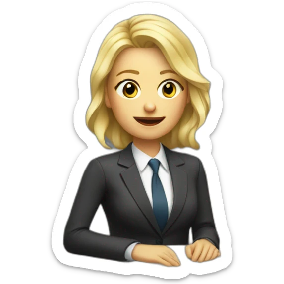 Blonde white woman wearing a suit sitting on the table telling the news towards the camera sticker