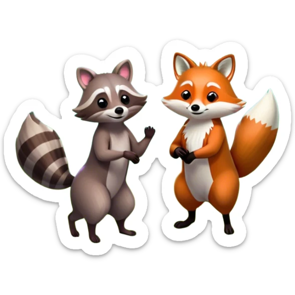 raccoon and a fox among a colorful forest with vibrant green trees, bushes and flowers. The animals are in the foreground, surrounded by a lush, bright forest, with soft sunlight filtering through the leaves. A playful photo-realistic and wild scene with a transparent background. sticker