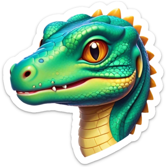 Cinematic Cute Komodo Dragon Lizard Portrait Emoji, Head tilted playfully and inquisitively, with a sleek, scaled form accented by vibrant hues and curious, sparkling eyes, Simplified yet irresistibly adorable features, highly detailed, glowing with a warm, lively glow, high shine, affectionate and spirited, stylized with a touch of exotic charm, bright and endearing, soft glowing outline, capturing the essence of a mischievous yet captivating lizard that seems poised to scurry out of the screen into your heart! sticker