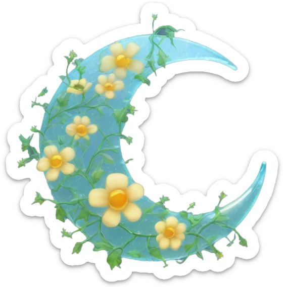 A translucent crescent moon made of cracked glass, with vines of bioluminescent flowers wrapping around it.

 sticker