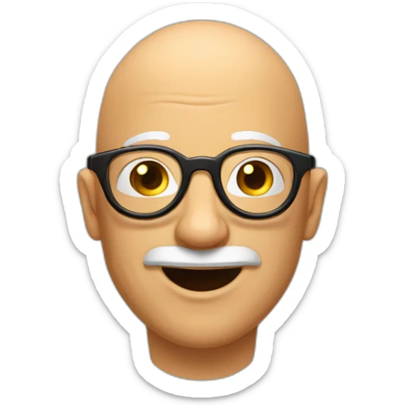 friendly bald man with gold circle glasses, brown mustache, goofy man, silly guy sticker
