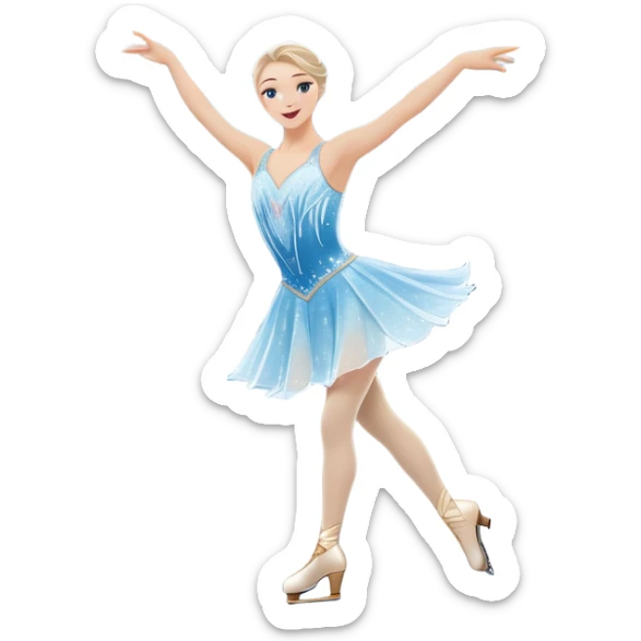 An icon showing a graceful figure skater performing a spin on the ice in a grand ice palace. The rink is illuminated by soft light beams, with cheering spectators in the stands. Snowflakes gently fall, adding to the magical atmosphere. Transparent background highlights elegance and artistry. sticker