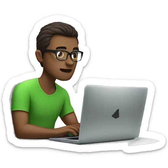 white guy with dark brown hair square glasses typing in laptop wearing green t-shirt working in call center sticker