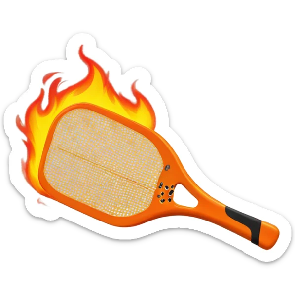 Flames and a pickleball coming off a contemporary Pickleball paddle with no holes in it.  sticker