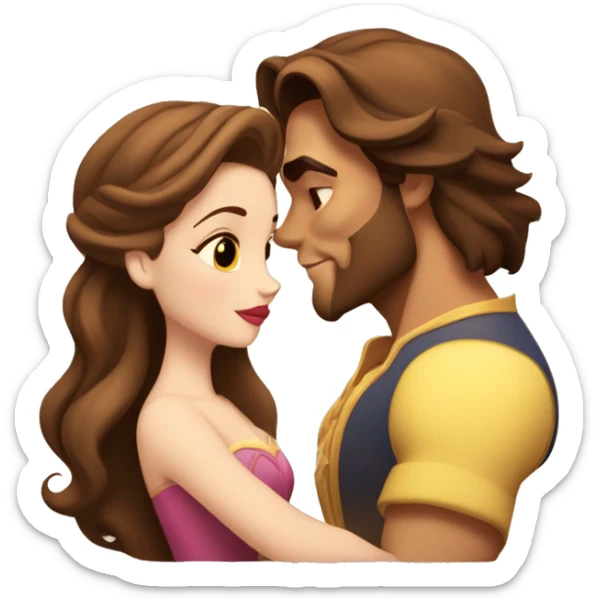 Belle with brown hair from beauty and the beast kissing the beast and the beast looks like he does in the movie  sticker