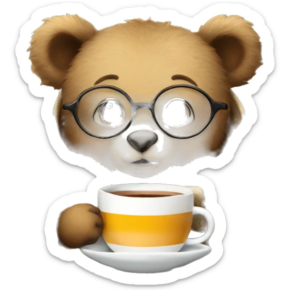 A baby bear wrapped in a blanket with glasses and a cup of tea or coffee with a book sticker