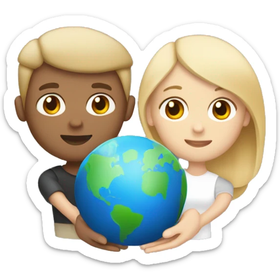 a couple holding a planet in their hands , boy is white with blonde hair and blue eyes, girl is white with dark blonde hair and light brown eyes  sticker