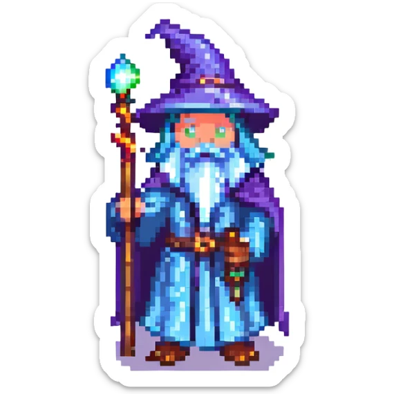 Add a magical glowing aura around the wizard bean holding a staff in pixel art style with no background. sticker