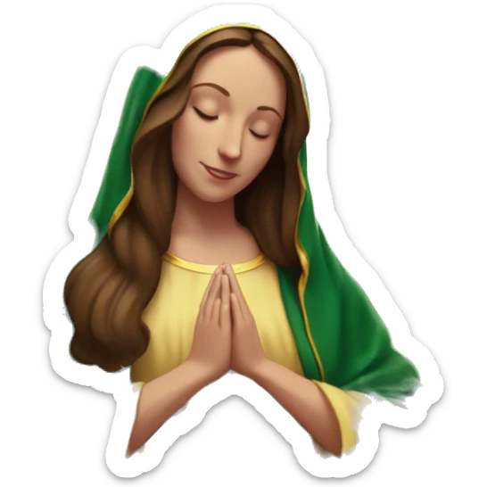 Virgin Mary: kind face looking down at the left, long brown hair, Wearing an emerald green  robe with gold stars and a burgundy red dress,  Hands in prayer or blessing. Halo around her head. standing in front of a big sun. colorful roses on the sides  sticker