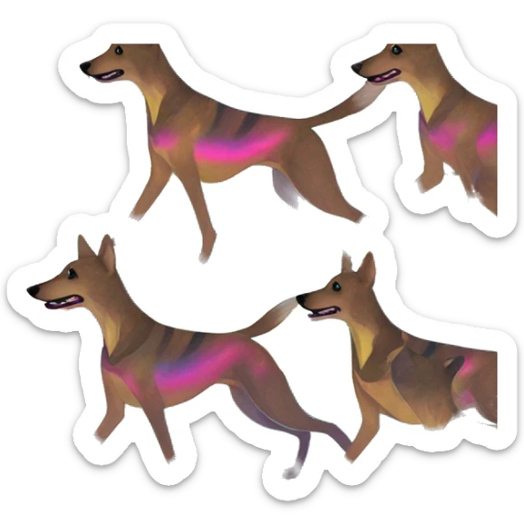  brindle brown black maroon striped lurcher Alsatian fox running blue eyes and iridescent holographic oilslick harness wearing paper iridescent tropical flower crown yellow caution tape sticker