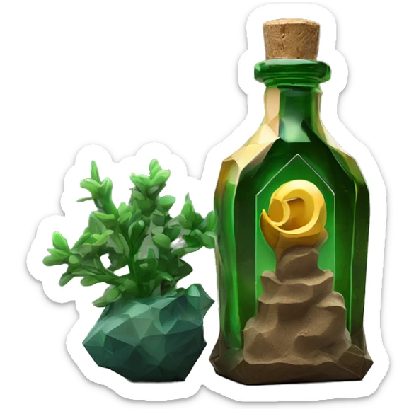 symbolic dirt humus in a bottle sculpture symbolizing Capricorn with a geometric, faceted design. The bottle is standing upright with angular and baroque features. The vibrant deep green plants colors highlights the sharp edges and planes.  sticker