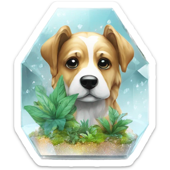 A dog made of glass mirror crystals prisms glass transparent filled with plants as a terrarium with graffiti doodles sticker