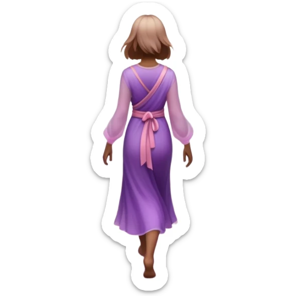 A small figure walks back across a foggy bridge, holding soft pink and purple orbs in each hand—symbolizing compassion and forgiveness. A gentle heart aura trails behind them, showing healing in motion. sticker