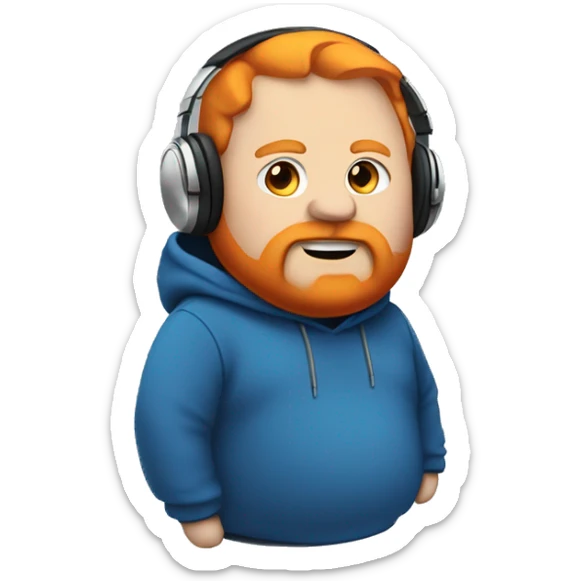 Fat man with hoodie over head with beard and orange hair with headphones and the hoodie is blue sticker