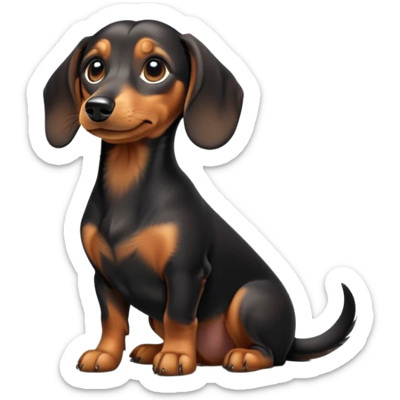 cinematic-[dachshund dog]-realistic-full-body-sitting-emoji,-tail-resting-loosely-beside-its-paws,-head-tilted-dramatically,-sleek-[black and tan]-fur,-simplified-yet-realistic-focused-features,-highly-detailed,-glowing-with-an-almost-sarcastic-glow sticker