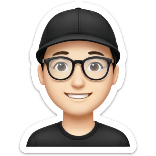 "- Nam
- 25 tuổi
- Da trắng
- Đầu đội mũ lưỡi trai đen
- Đeo kính
- Cười tươi
" sticker