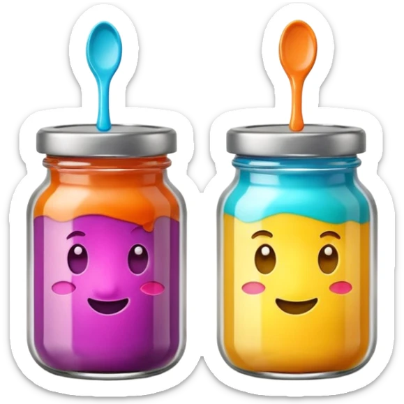 two small glass jars with metal lids filled with colorful purée no label or extras soft lighting subtle shadows emoji scale sticker