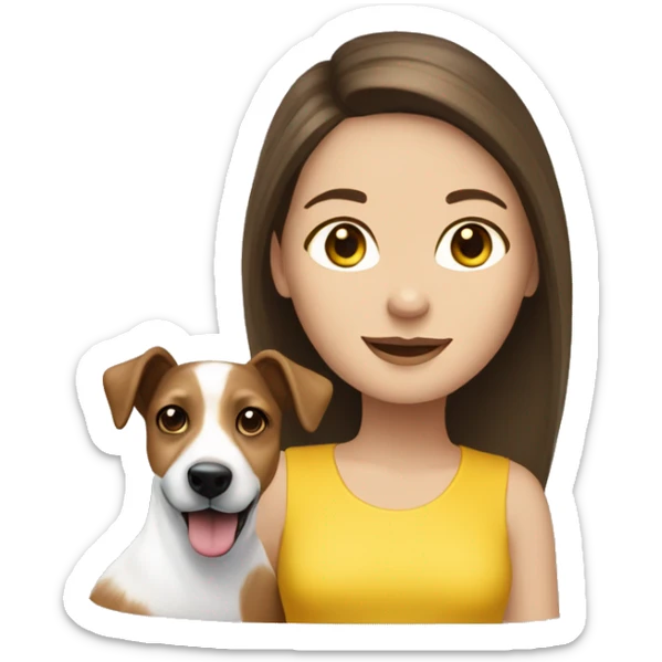 Brunette long haired white girl wearing yellow top with jack russell sticker
