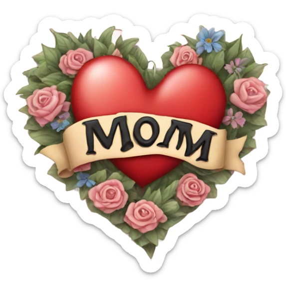 A heart tattoo with the word MOM written in a banner going across the whole heart sticker