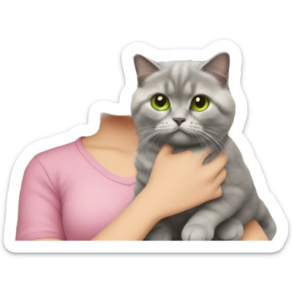 woman with green eyes and glasses and long wavy blonde hair and in a pink shirt is holding a very fluffy and fat grey Scottish fold cat sticker