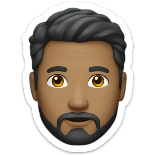 A 38 year old man, with gold skin, facial hair, black short hair and grey eyes, wearing a suit sticker