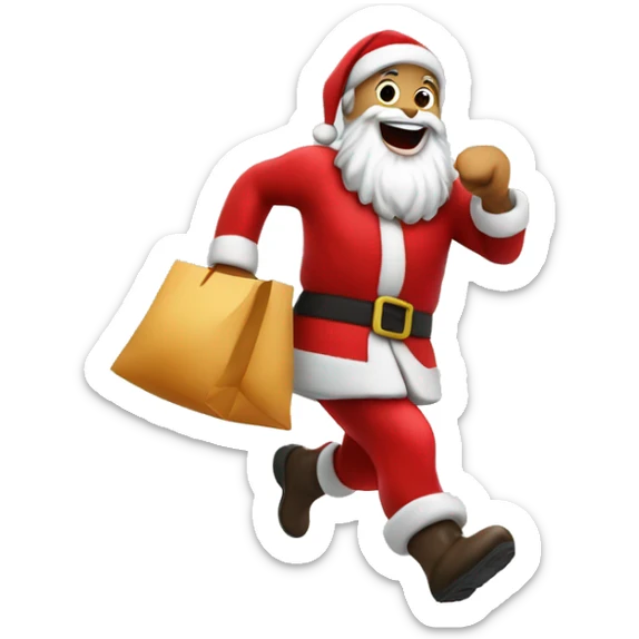 Santa Claus dressed in red running to deliver a bag of presents sticker