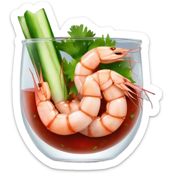 Shrimps in clear glass with red sauce and cilantro and onions cucumber  sticker