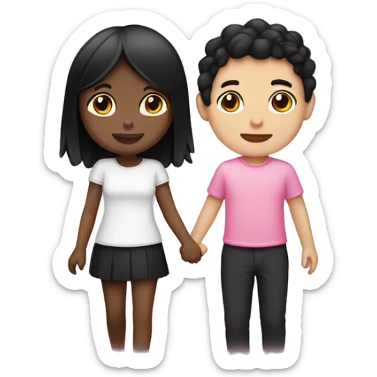 Emoji of a tan girl with black hair wearing pink and a white skin boy with black hair wearing black holding hands sticker