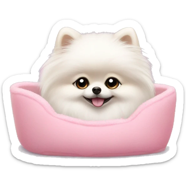 A small white pomeranian with a bow on her head, sitting in a pink furry bed sticker