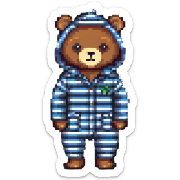 bear in striped pajamas, pixel art style, pixel art, cute, cozy, nightwear with stripes sticker