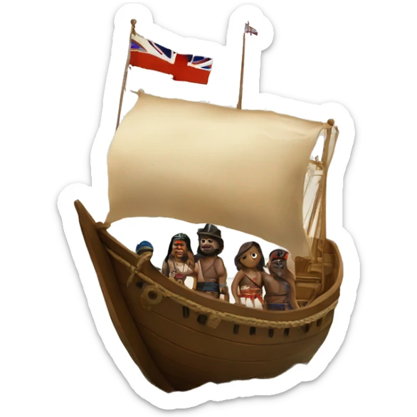 a ship and some land. the ship is approaching the land, and on the ship are british people. they are meeting the indians. there is a british flag on the ship. the indians are on the land. sticker