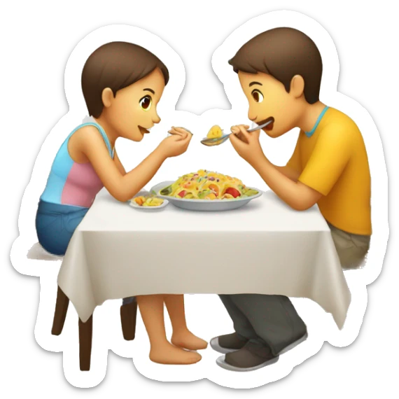 A baby with parents are eating helsi food  in the chair for kids by the table  sticker