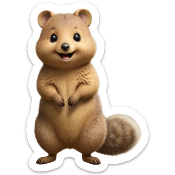 cinematic-quokka-realistic-full-body-standing on its hind legs hunched over-emoji,-small-round-frame-balanced-on-tiny-strong-hind-legs,giant fluffy cheeks large smile-fluffy-brown-fur-radiating-a-warm-softness skinny tail, ,-big-round-eyes-filled-with-joy-and-innocence,-tiny-clawed-paws-held-close-to-chest,-cheerful-smile-exuding-endearing-happiness,-simplified-yet-realistic-focused-features,-highly-detailed,-glowing-with-a-sunny-warmth, expressive eyes  sticker
