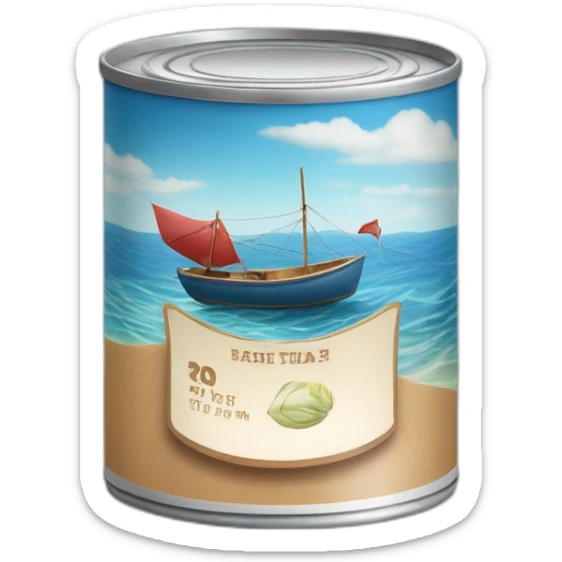 realistic can of tuna fish sowing the shape of a sailling boat on a sea background sticker