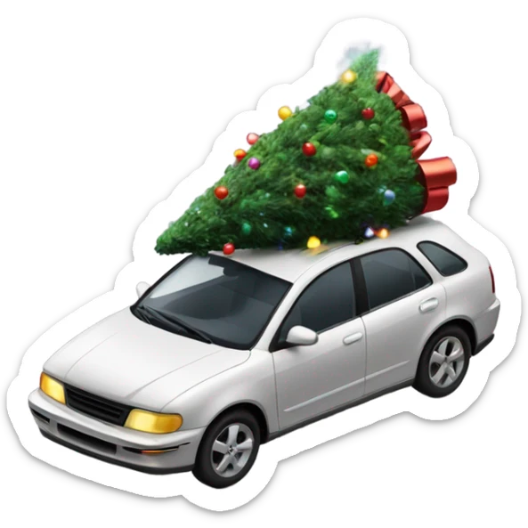 A car with a christmas tree with lights in it on top of the roof sticker