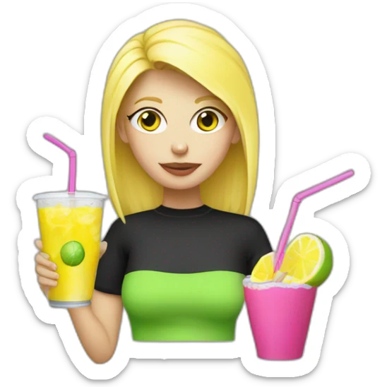 crazy blonde girl straw drinking pink lemonade with one green lemon in the cup, with black watch black tshirt sticker