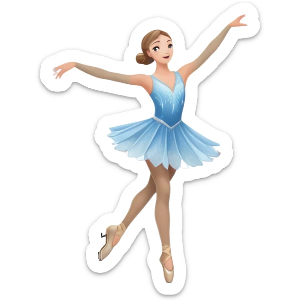 An icon showing a graceful figure skater performing a spin on the ice in a grand ice palace. The rink is illuminated by soft light beams, with cheering spectators in the stands. Snowflakes gently fall, adding to the magical atmosphere. Transparent background highlights elegance and artistry. sticker