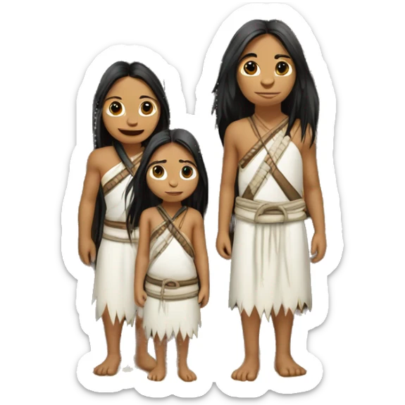 Koguin indigenous family at the door of a hut with white clothing and long hair sticker