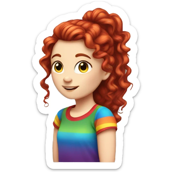 a white girl with long red curly hair in a pony tail with rainbow shirt being cute sticker