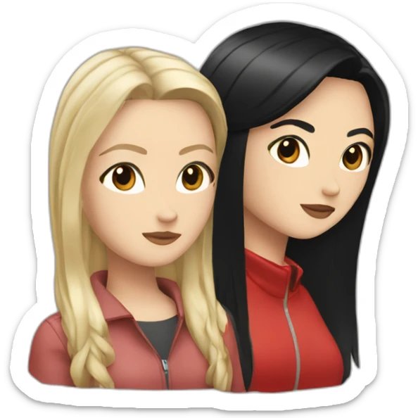 white girl with straight black hair, brown eye, she's wearing a red perfecto sticker