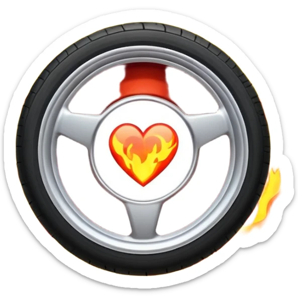 a car wheel on fire, and in the center of the wheel (instead of the car icon) there is a red flaming heart sticker