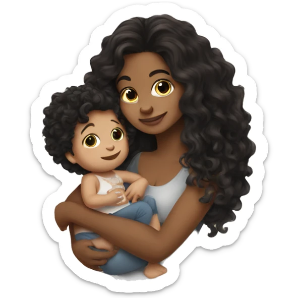  Brunette with tattoos on arm with long hair holding a baby boy with curly hair  sticker