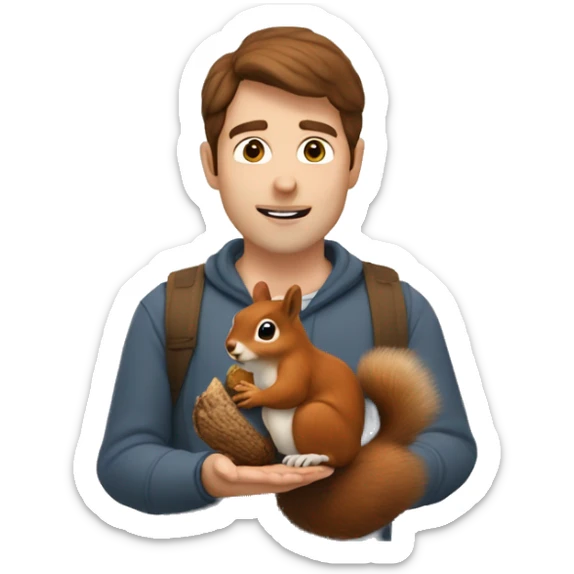 A Man with Brown hair and fair skin feeds a squirrel sticker